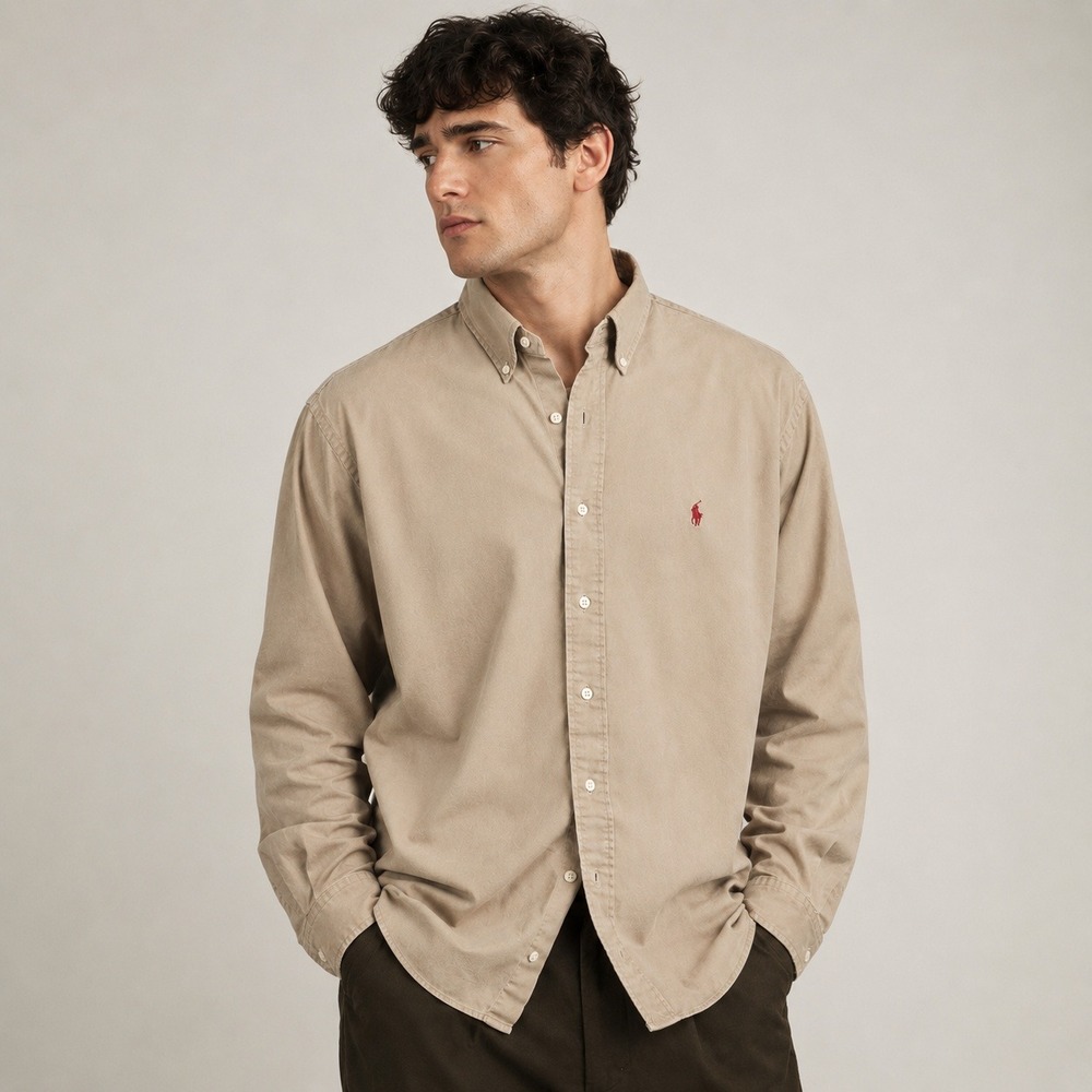 Polo Ralph Lauren Blake Shirt Mens Large Tan Khaki Twill Long Sleeve Red Pony